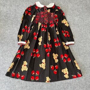 Vintage Polly Flinders Girls SIze 6X Teddy Bear Apple Smocked Dress Adorable
